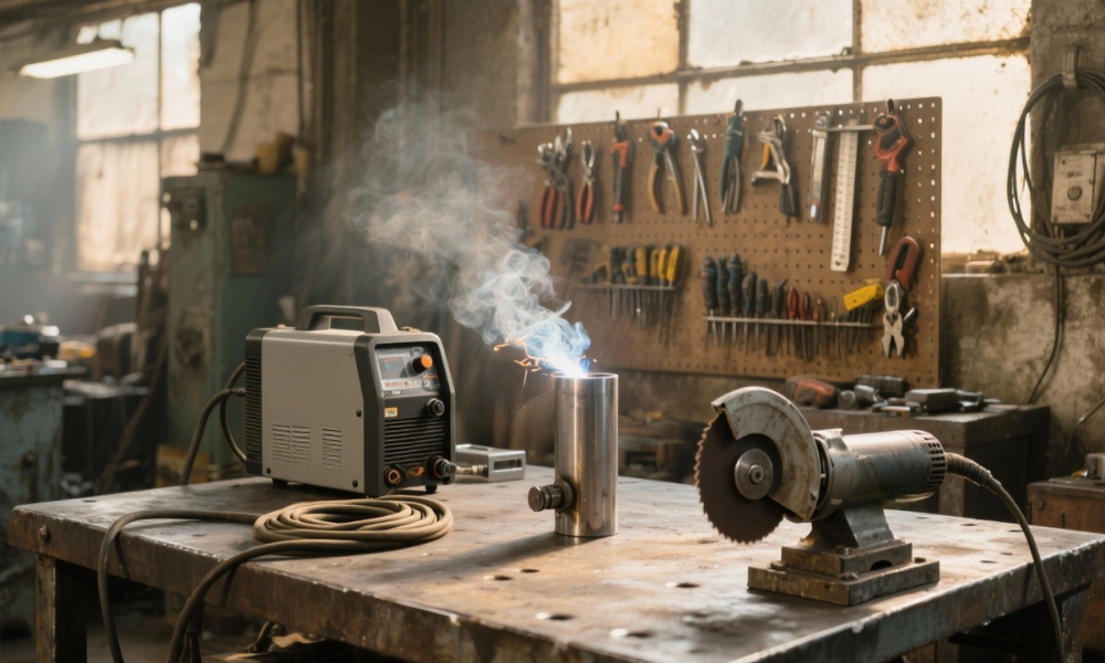 Essential welding tools setup in workshop with welder, angle grinder, and steel vice on metal bench