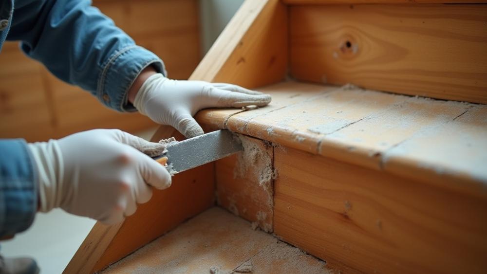 wooden staircase with filler applied