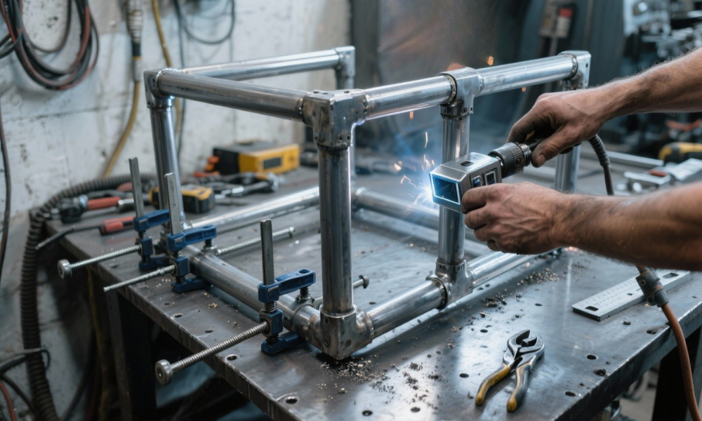 Metal frame clamped with welding magnets and pliers on steel table for precise alignment