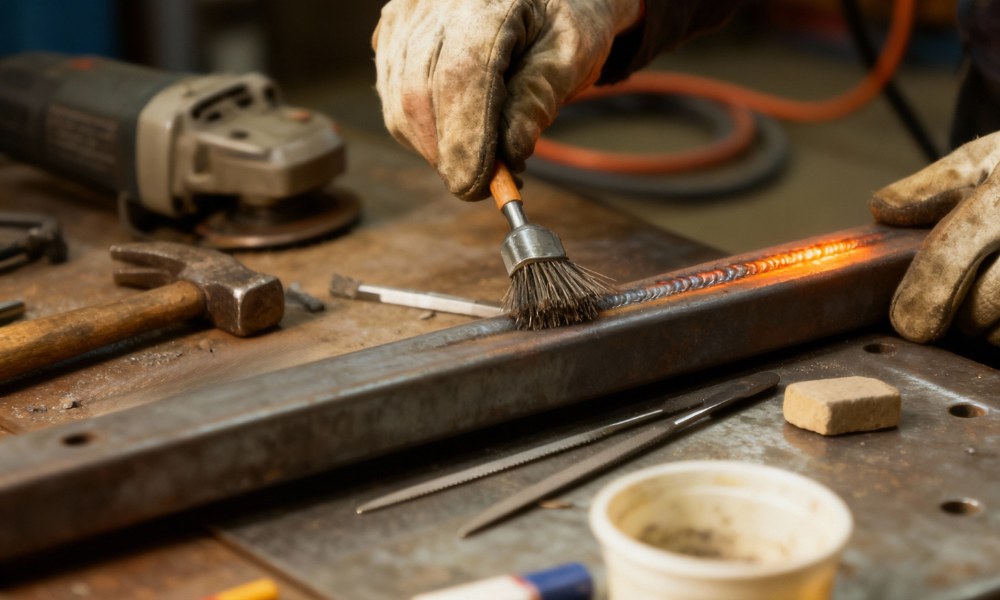 Close-up of welder polishing metal joint with wire brush and hand tools after welding