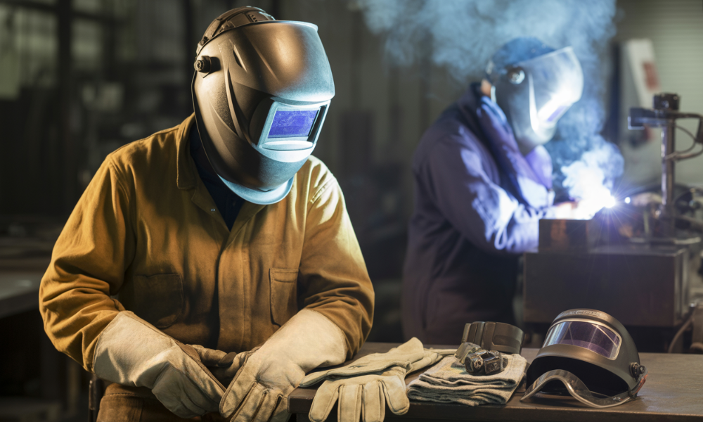 Welder wearing full PPE including helmet, gloves, and fire-resistant jacket in industrial workshop