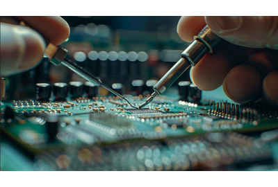 A person soldering a circuit board