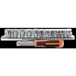 Bahco 6729SM 1/4" Hex Socket Set (4mm - 14mm) on Rail with Spinner Handle - 14 Pieces