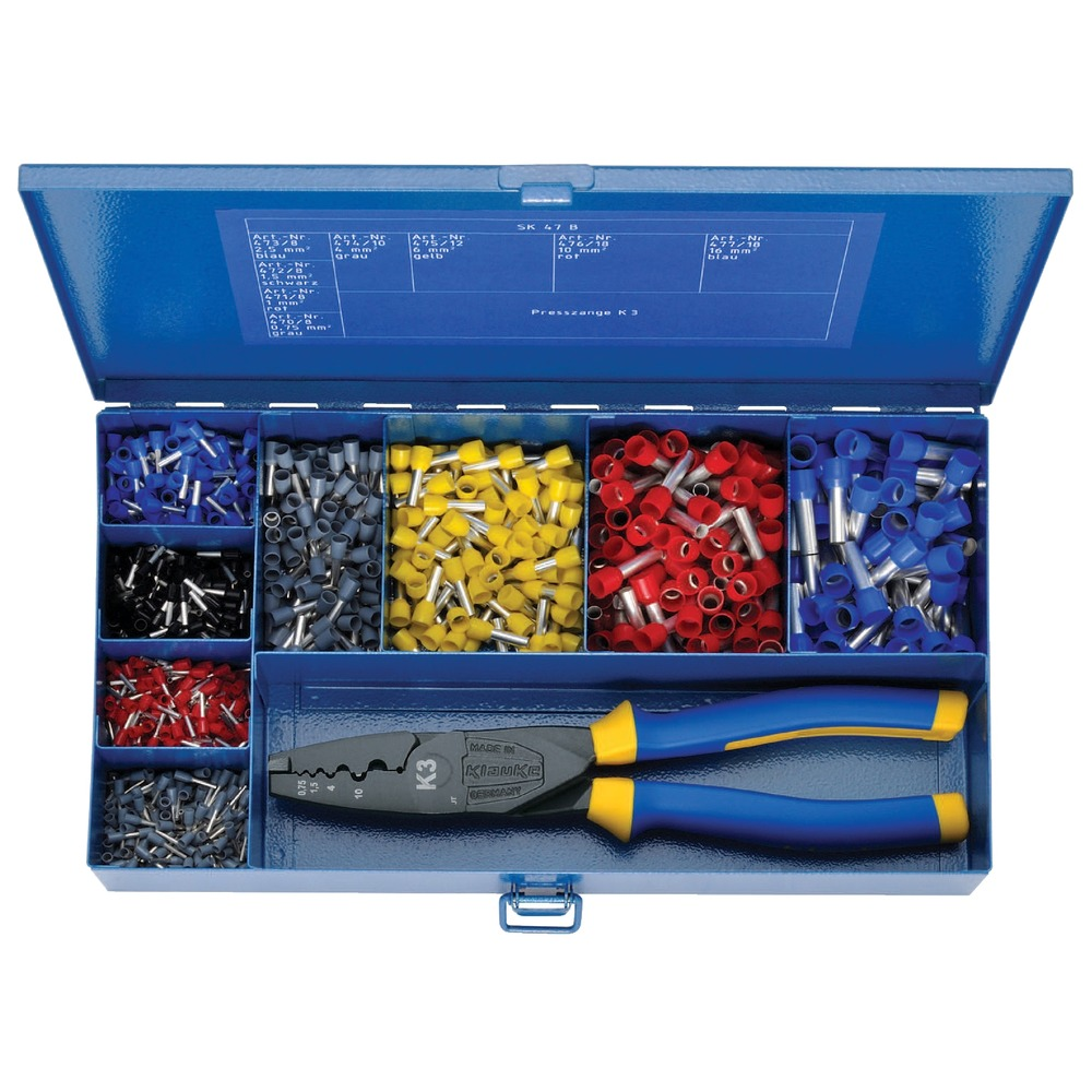 Klauke KSK47B Steel Assortment Box with Insulated Cable End-Sleeves & K3 Crimp Tool